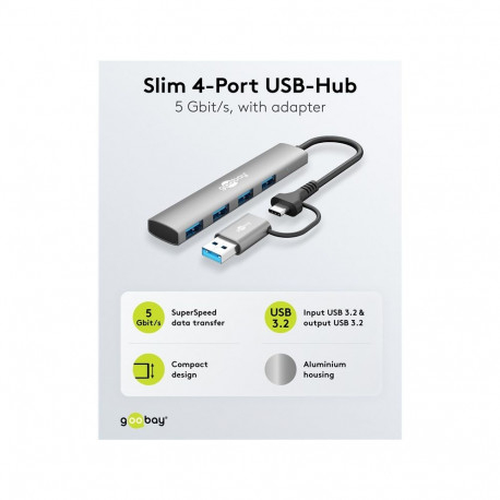 Dokkimisjaam GOOBAY Standard 2-in-1 Slim 4-Port USB Hub, 5 Gbit/s