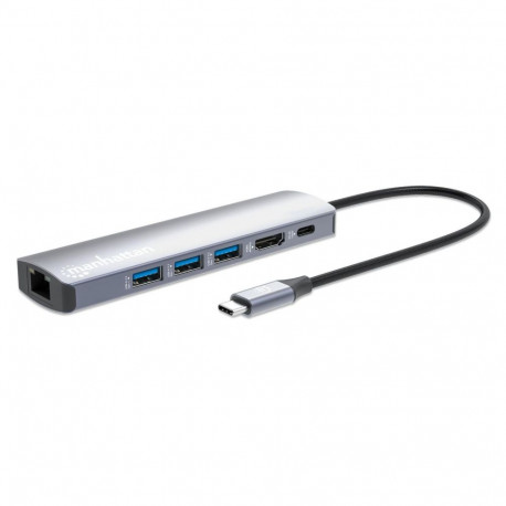 Manhattan USB-C Dock/Hub, Ports (x6): Ethernet, HDMI, USB-A (x3) and USB-C, with Power Delivery (PD)