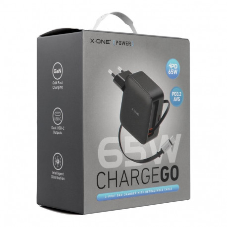 Travel charger X-ONE ChargeGo GaN 65W with retractable cable and USB C port - black