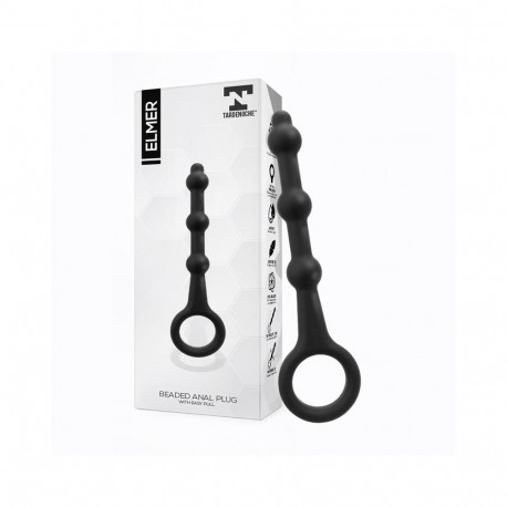 Elmer Beaded Butt Plug with Easy Pull Ring Silicone Black