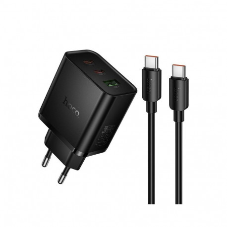 Phone charger Hoco 2x USB C + USB A QC3.0 PD 3A 65W + data cable USB C to USB C N75 black