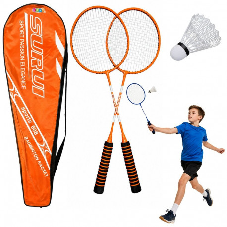 Badmintonikomplekt koos reketitega, sulgpallidega ja kotiga, oranž