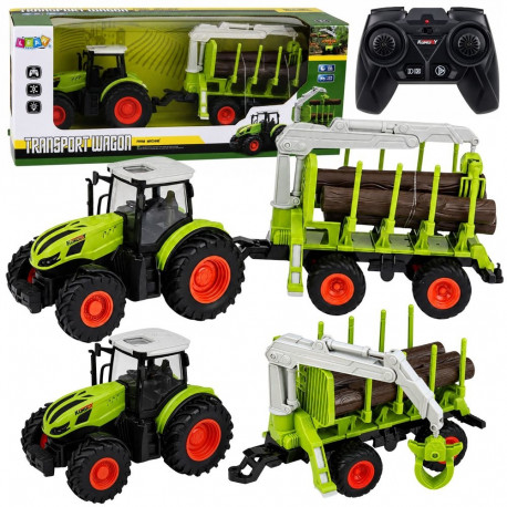 Traktor 1:24 kaugjuhtimispuldiga metsahaagisega ja puiduhaarajaga