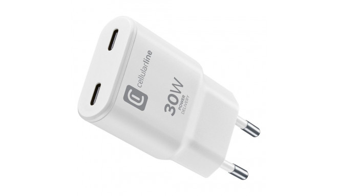 Cellularline reisilaadija USB-C kahepordiline GaN 30W, valge