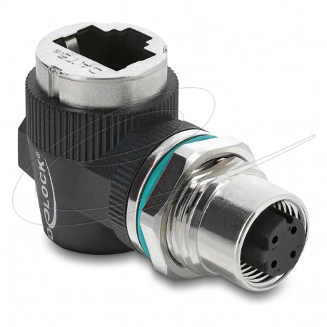 "Delock M12 Adapter D-kodiert 4 Pin Buchse zu RJ45 Buchse zum Einbau rund 90° gewinkelt"