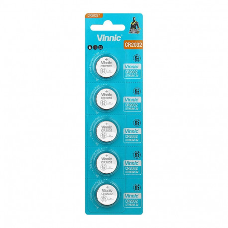 Battery - Vinnic CR2032 3V Lithium Coin Cell, 20mm Diameter, 5 Pcs