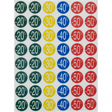 Hinnaalanduse etikett Apli ( -20% kuni -50% ) D=.24mm ,värviline, 5 lehte /pk (240tk)