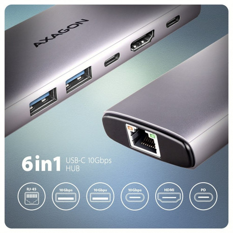 Axagon USB 10Gbps jaotur HMC-6G2L, 2x USB-A, 1x USB-C, HDMI 4K/60Hz, RJ-45, PD 100W