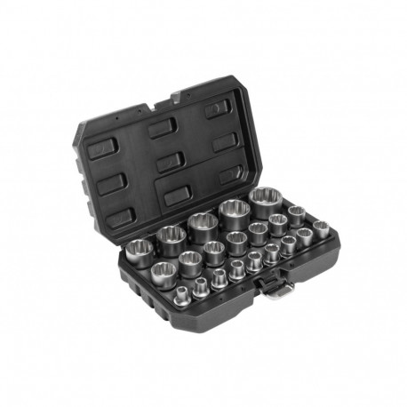 Muciņu komplekts 1/2″, HOGERT HT4R085, 21 gab. CrV tērauds, satīna hromēts, 8-36 mm