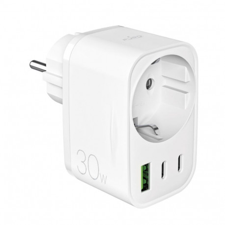 Puro Puro 30W Power Delivery Charger with Schuko Plug and Socket 2x USB-C + 1x USB-A - White