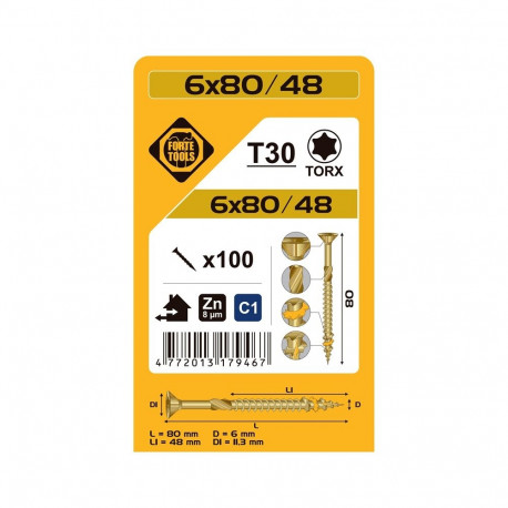 CHIPBOARD SCR T30 6.0X80/48 YELL ZN(100)