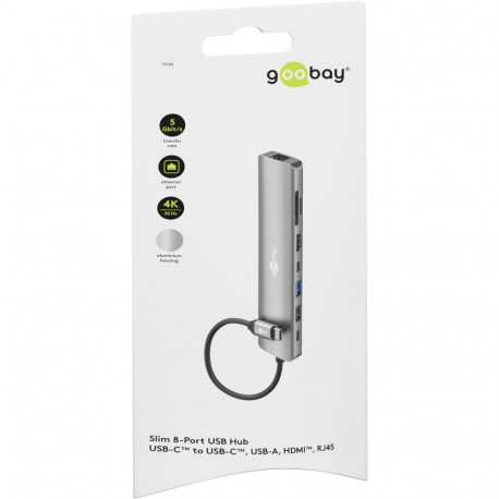 Goobay õhuke 8-pordiline USB-jaotur HDMI ja RJ45 liidestega, 5 Gbit/s