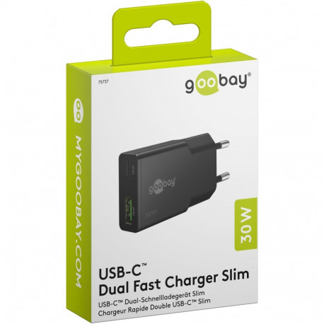 Goobay 30 W USB-C PD GaN õhuke must topeltkiirlaadija