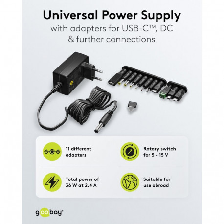 Goobay universaalne toiteallikas 5 V–15 V, Max. 36 W, 2.4 A