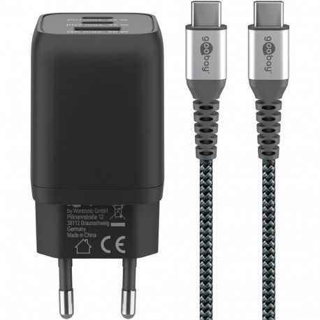 Goobay 65 W USB-C Nano kiirlaadija ja USB-C tekstiilkaabli komplekt (1 m)