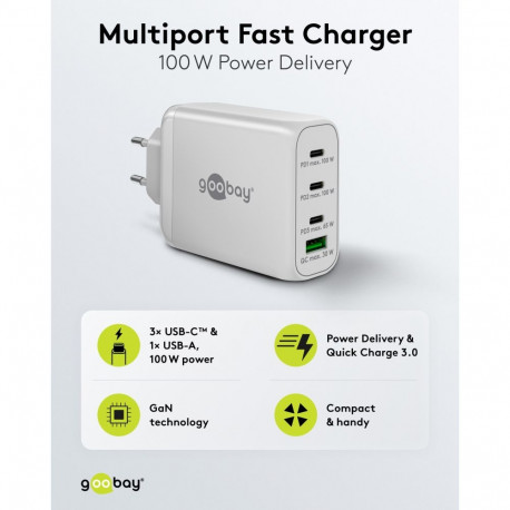 Goobay 100 W USB-C PD GaN mitme pordiga kiirlaadija valge