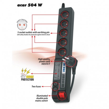 Power Strip - Acar 504WF 5 Outlets 3 m Black