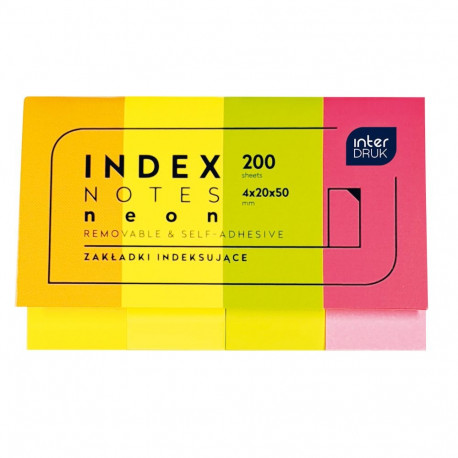 Märkmepaber iseliimuv indekslipikud 4 × 20 × 50 mm, 200 tk, neoonvärvid, Interdruk