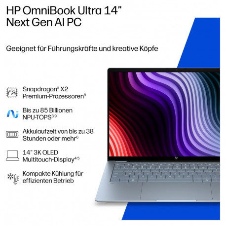 HP sülearvuti OmniBook Ultra 14-kg0193ng Snapdragon X2 Elite X2E-90-100/32GB/2TBSSD/W11 Pro, puutetu