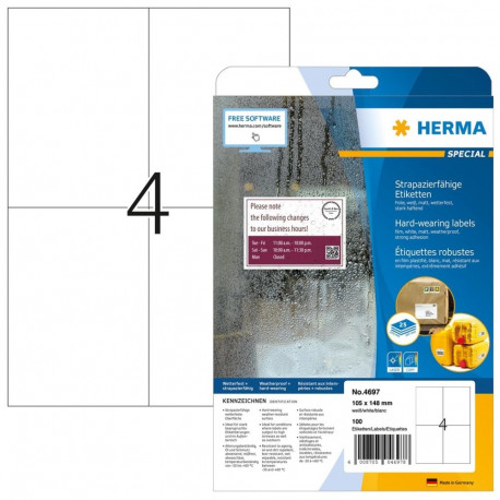 HERMA vastupidavad kileetiketid A4 105x148mm 100tk, valged