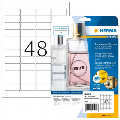 HERMA etiketid A4 45.7x21.2mm, kristallselged, läikivast läbipaistvast kilest, 1200 tk.