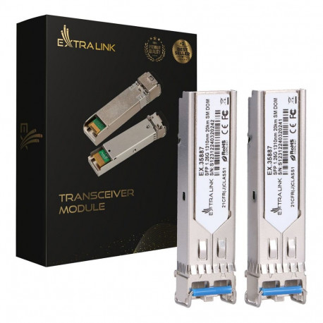 "Extralink SFP 1.25G Modul 2-Pack, 1.25Gbps, LC/UPC, 1310nm, 20km, Einmoden, DOM"