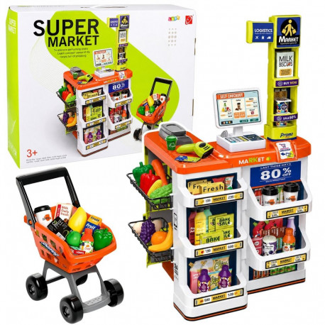 Suur supermarketikomplekt kassa, ostukäru, skanneri ja tarvikutega, valgus- ja heliefektidega, 60-os
