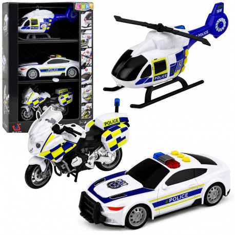 Politseikomplekt helikopteri, mootorratta ja politseiautoga, valgus- ja heliefektid 1:32