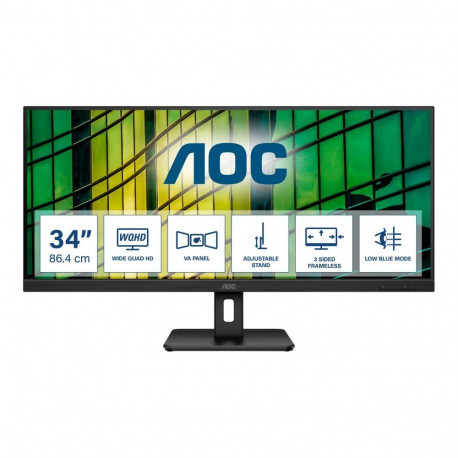 AOC Monitor U34E2M 34 ", VA, WQHD, 3440 x 1440, 21:9, 4 ms, 300 cd/m, Black, 100 Hz, HDMI ports quan