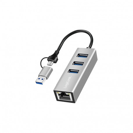 Logilink USB-jaotur USB 3.2 Gen1 3-pordiline Gigabit Etherneti adapteriga USB-A+C alumiiniumist