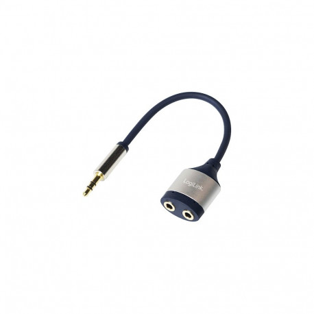 "Audio cable, 3.5 mm 3-pin/M to 2x 3.5 mm/F, metal, blue, 0.18 m"