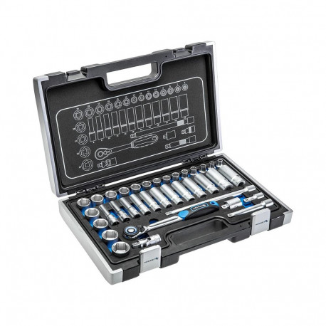 Hogert Tool Set HT1R465, 36 pcs, 3/8", chrome vanadium, 72 teeth, 6-16mm, 2-piece grip
