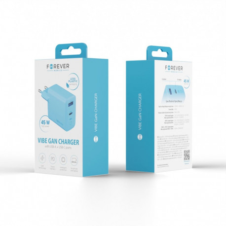 Forever Vibe-TC45AC GaN PD QC charger 1x USB-C 1x USB 45W blue sky