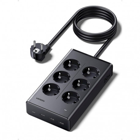 UGREEN S622 Extension Cord 1.3m 6 sockets with USB charger (3x USB-A max 15W, 1x USB-C max 20W) / bl