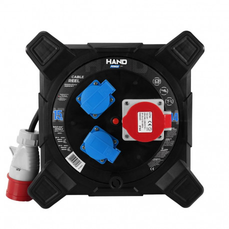 Przedłużacz bębnowy kwadratowy linia HAND PWR; 4P+Z; 2x2p+Z; IP44; 16A;400V; H07RN-F; 52,5; 15m; CZA