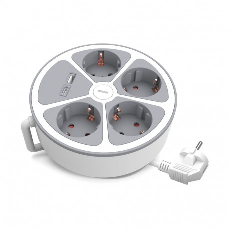 4-pesaline Schuko pikendusjuhe lüliti ning USB-A- ja USB-C-pesadega