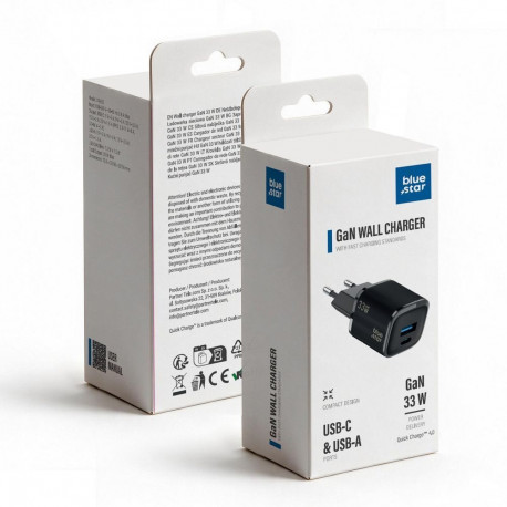 Phone charger Blue Star Nano GaN USB C + USB A QC4.0 PD 3A 33W VT-332 black
