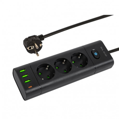 98-323# ps-350t võrgupikendus 3-pesa 3xusb+usb-pd 1,5m must 3x1mm