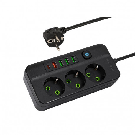 98-319# ps-350z 3-pesaga pikendusjuhe 4xusb+usb-pd 3m must 3x1mm