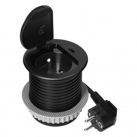 Gniazdo meblowe -6cm wpuszczane w blat z pokrywką, ładowarką USB i przewodem 1,9m, 1x2P+Z (French), 