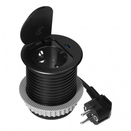 Gniazdo meblowe -6cm wpuszczane w blat z pokrywką, ładowarką USB i przewodem 1,9m, 1x2P+Z (Schuko), 