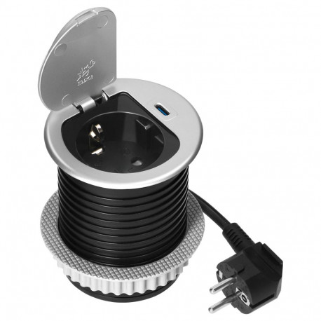 Mööblipesa, 6cm süvistatav töötasapinda, kaanega, USB-laadijaga ja 1,9m kaabliga, 1x2P+Z (Schuko), 1