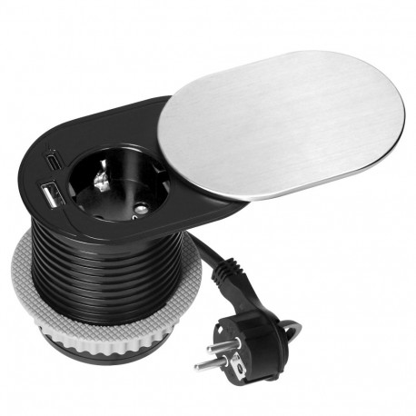 Mööblipesa -6cm, tööpinda süvistatav, liugkaanega, USB-laadija ja 1,9m kaabliga, 1x2P+Z (Schuko), 2x