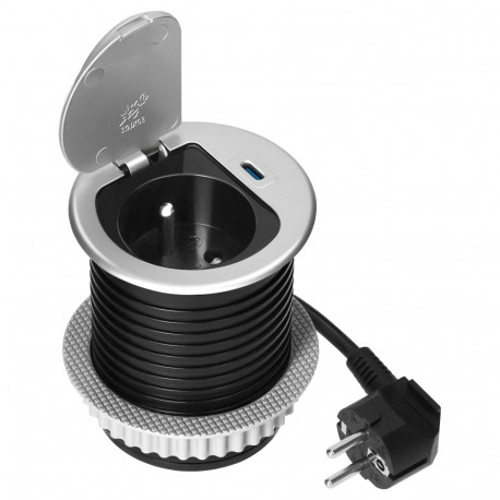 Gniazdo meblowe -6cm wpuszczane w blat z pokrywką, ładowarką USB i przewodem 1,9m, 1x2P+Z (French), 