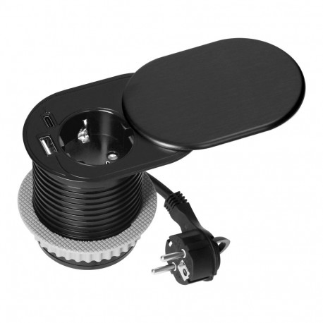 Mööblipesa 6cm, tööpinna sisse süvistatav, lükatava katte, USB-laadija ja 1,9m juhtmega, 1x2P+Z (Sch