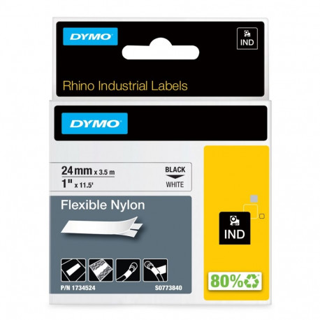 DYMO Rhino tööstuslikud painduvad nailonsildid 24mm x 3.5m, must trükk valgel, isekleepuvad, LabelMa