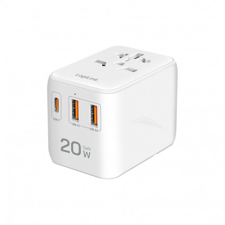 USB-A/C reisilaadija 20W GaN 3-pordiline 2x USB-A (QC) 1x USB-C (PD) õhuke versioon, valge