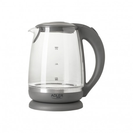Adler Kettle AD 1286 Standard, 2200 W, 2 L, Plastic/ glass, Grey/ transparent, 360 rotational base