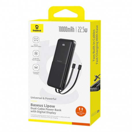 Power Bank - Baseus Lipow 10000 mAh 22.5 W With Built-In Cables and Display Black