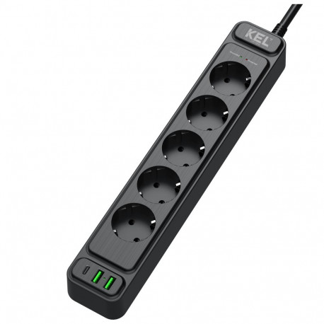 kel ülepingekaitsega pikendusjuhe, 5 2P+Z pistikupesa, 2x USB-A pesa, 1x USB-C pesa, 3m, Schuko